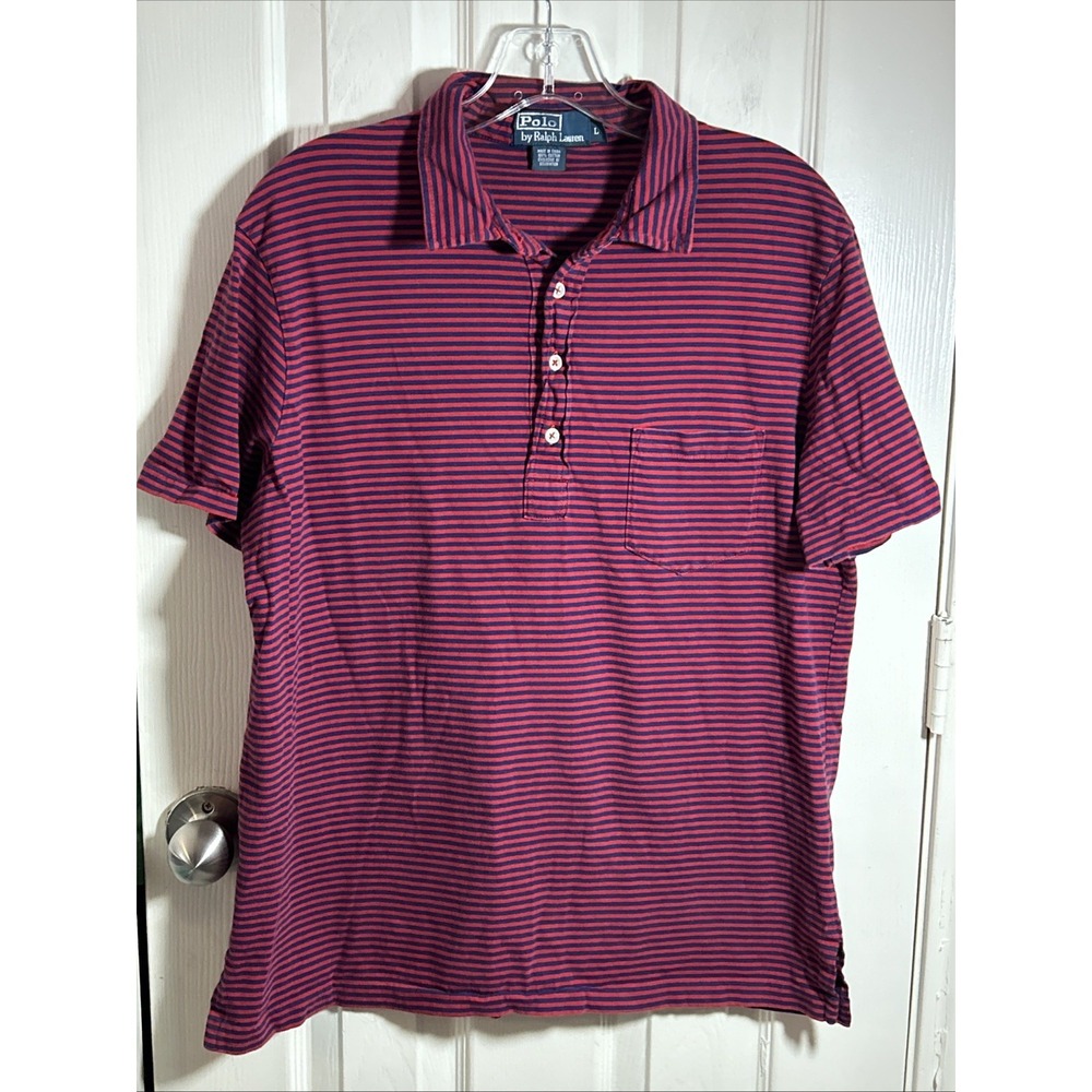 Polo Ralph Lauren Polo Shirt Striped Cotton Red Navy Mens Size L